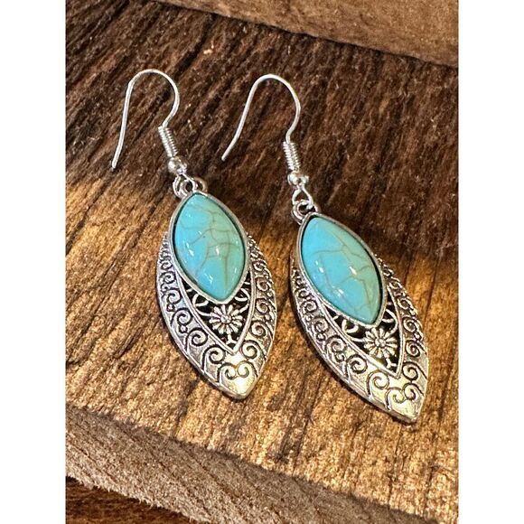 Boho Vintage Chic Southwestern Dangle Wire Earrings, Turquoise Stone, Gift Box - Picture 7 of 10
